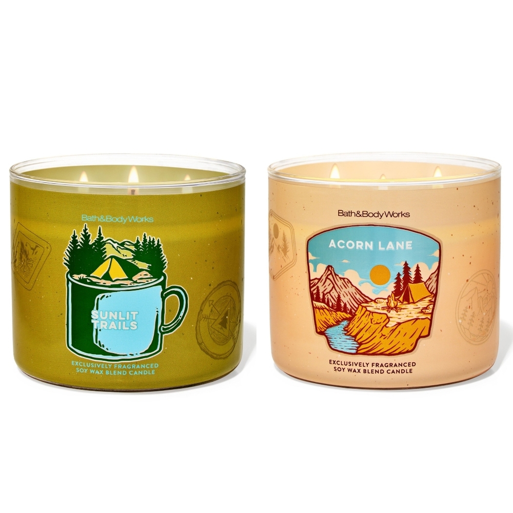 Bath & Body Works Sunlit Trails & Acorn Lane 3-Wick Candle Set NEW Rare